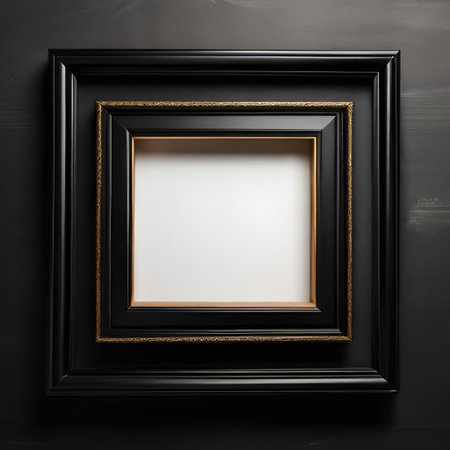 A black and gold picture frame mockup template for art and photography display. Perfect for presentations and showcasing your work elegantly.の素材