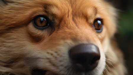 A close up of a corgi dog face with brown eyes and fur, a perfect portrait for pet lovers and animal fans of this adorable canine breed.の素材