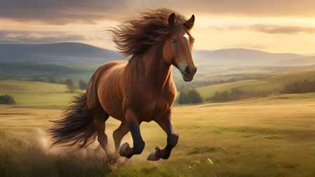 A majestic brown horse runs freely through a sunlit field, its powerful form a symbol of nature's beauty and untamed spirit.の素材