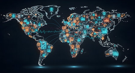 A digital world map showing global business connections, finance, and technology icons, representing data analytics and international networksの素材