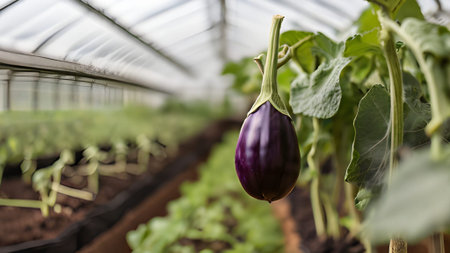 A close up of a ripe eggplant growing in a greenhouse, showcasing the beauty of organic farming and fresh vegetable cultivation.の素材