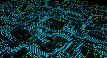 A detailed circuit board image with glowing blue and green lines, ideal for tech backgrounds and illustrating computer science conceptsの素材