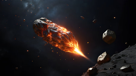 A fiery asteroid hurtles through space, leaving a trail of light and destruction. A cosmic event of immense scale and potential danger.の素材