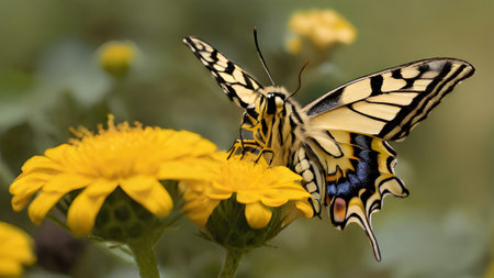 A vibrant swallowtail butterfly rests on a bright yellow flower, capturing the beauty of nature in a stunning macro photograph.の素材