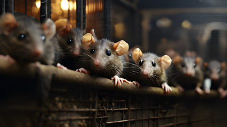 A group of cute rats peering out from their cage. These adorable rodents are curious and alert, showcasing their intelligent nature.  Perfect pet ratsの素材