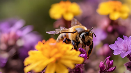 A honey bee collecting pollen from colorful flowers in a garden. Macro shot of nature's beauty and the vital role of pollination.の素材