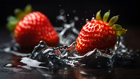 Capture the essence of summer with vibrant strawberries in a refreshing water splash, a healthy treat for a delicious and juicy experienceの素材