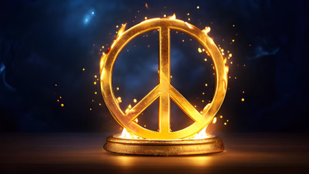 A golden peace symbol engulfed in flames, symbolizing the burning desire for peace and love in a world filled with conflict and strife.の素材