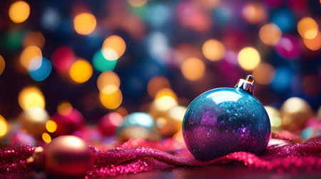 Festive christmas ornament with bokeh lights background. Perfect for holiday decorations and new year celebrations.の素材