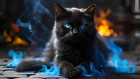 A stunning black cat with piercing blue eyes is surrounded by vibrant blue flames, creating a mystical and captivating digital art piece.の素材