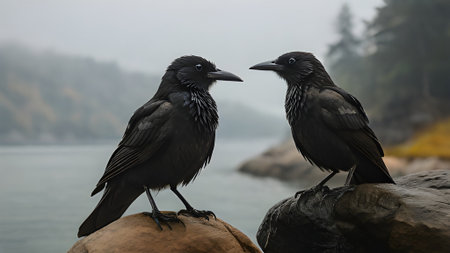 Two crows on rocks by a misty lake, a serene nature scene. Wildlife photography capturing the essence of birds in their natural habitatの素材