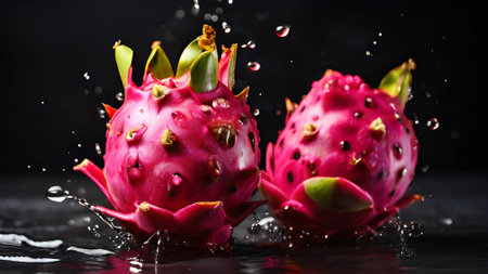 Two fresh pink dragon fruits with water droplets on a black background. Healthy and vibrant tropical fruit for a refreshing snack.の素材