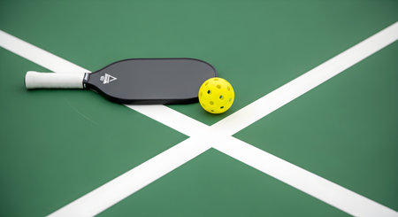 A pickleball paddle and ball are on a green court with white lines, ready for sports, recreation, and fun in this vibrant still life.の素材