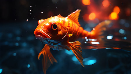 A vibrant orange goldfish swims gracefully in a blue aquarium tank. The fish is a beautiful aquatic pet with bright colors and shiny scales.の素材