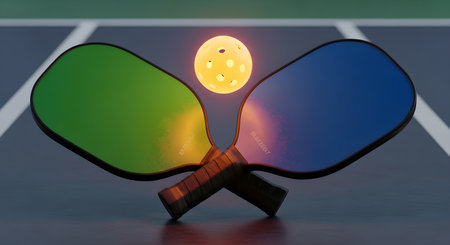 A vibrant pickleball scene with paddles and ball, perfect for sports enthusiasts and design projects. Modern and minimalist aesthetic.の素材