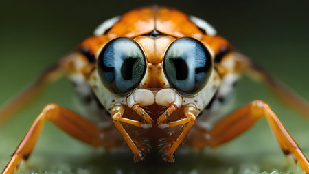 A macro shot of an insect with big, blue eyes and an orange body, showcasing intricate details against a blurred green background.の素材
