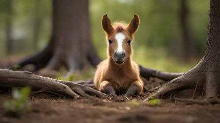 A cute baby horse foal resting in the forest, showcasing its adorable portrait and innocence in a beautiful nature background scene.の素材