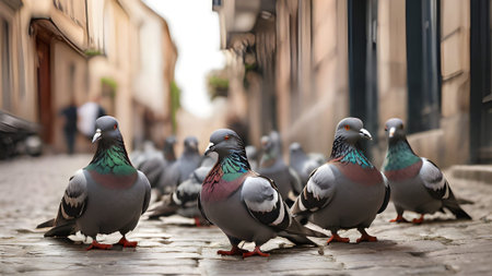A group of pigeons congregates on a cobblestone street, their iridescent feathers shimmering in the daylight, creating a captivating urban wildlife scene.の素材