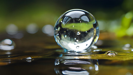 A clear glass ball with water droplets sits on a reflective surface, with a blurred green background, creating a macro photography wallpaper.の素材