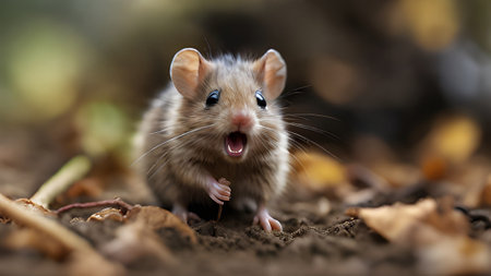 A cute mouse with its mouth open, showing its teeth. This adorable rodent is in a natural environment. The background is blurred and brown.の素材
