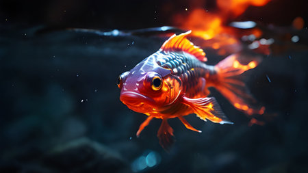 A vibrant goldfish swims gracefully in the dark water, its scales shimmering with orange and gold, a beautiful aquatic pet to admireの素材