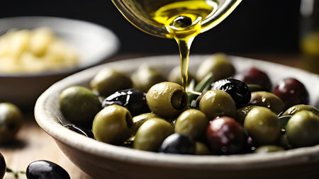 Close up of olive oil being poured over fresh olives in a bowl. A healthy, gourmet appetizer perfect for a mediterranean diet.の素材