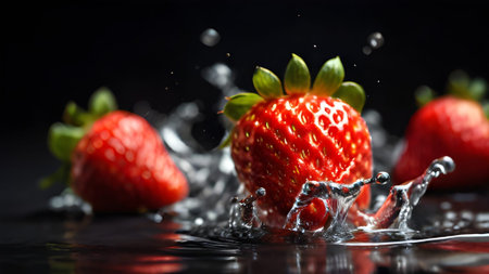 A vibrant close up of fresh strawberries splashing in water. Perfect for healthy eating, summer fruit, and refreshing food concepts.の素材