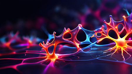 A vibrant abstract image of neuron cells and neural network connections showcasing the beauty and complexity of science and biologyの素材