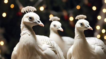 Three white peacocks stand together in a beautiful display of nature's elegance. The bokeh lights add a festive touch to the scene.の素材