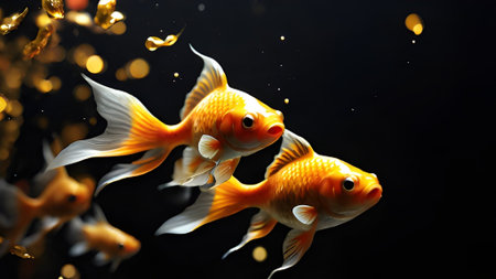 A captivating image of goldfish swimming in a dark aquarium, enhanced by golden bokeh bubbles, ideal for stock photos and beautiful wallpaper.の素材