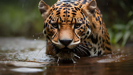 A jaguar is stalking its prey in the water. The big cat is a predator and is a wild animal in nature. Wildlife conservation is key.の素材