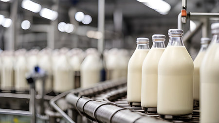 Milk bottles on a conveyor belt in a dairy factory, showcasing the food production and packaging process on an automated line system.の素材