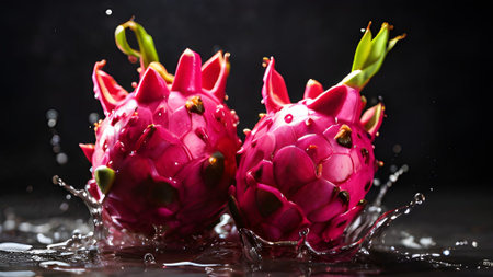 Two vibrant dragon fruits splashing in water. A refreshing and healthy tropical treat, perfect for a vibrant and flavorful experience.の素材