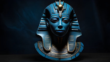 Close up of the tutankhamun mask, an iconic artifact of ancient egypt, showcasing the golden details and regal blue color.の素材