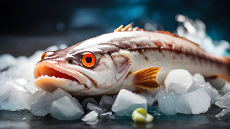 A fresh raw fish on ice, perfect for a seafood market or restaurant. It's a gourmet delicacy, ready to be prepared for a delicious meal.の素材