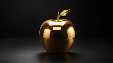 A golden apple on a black background. Symbolizing wealth, success, and luxury. A premium quality still life, perfect for investment themes.の素材
