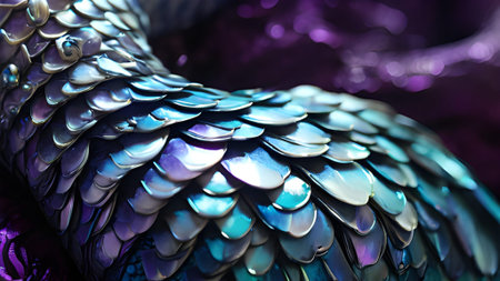 A close up of iridescent dragon scales with a beautiful texture. The color palette features purple and blue, creating a stunning design art.の素材