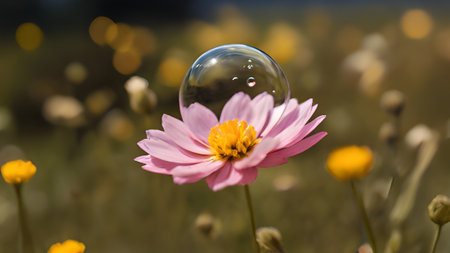 A macro shot of a pink flower with a yellow center, topped with a water droplet, showcasing nature's beauty and delicate details in photography.の素材