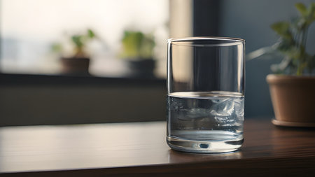 A refreshing glass of water sits on a wooden table by the window, plants in the background. Hydration and healthy living concept.の素材