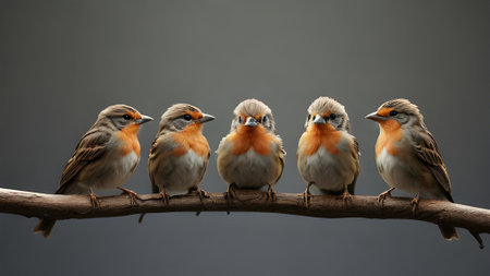 A group of five european robins are perched on a branch. They are small, cute birds with orange breasts. Wildlife photography imageの素材