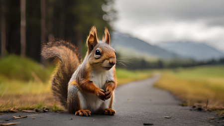 A cute squirrel sits on a path in a scenic landscape. The animal is furry and adorable, with a bushy tail and bright eyes. It is a wild animal.の素材