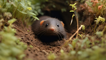 A cute mink peeking out of its burrow in the wild. The adorable mammal is captured in a close-up portrait, showcasing its brown fur and whiskers.の素材