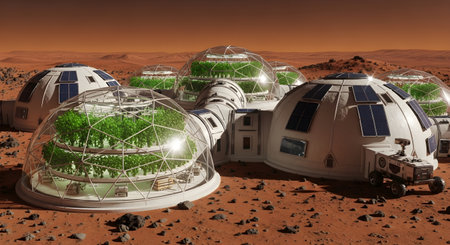 A futuristic mars colony with habitat domes, greenhouses, and a rover, showcasing the potential for space settlement and exploration.の素材