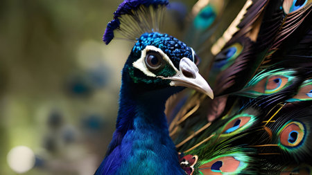 A stunning close up of a peacock showcasing its vibrant blue plumage and intricate feather patterns, a true spectacle of nature's artistry.の素材