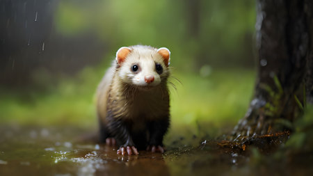 A charming ferret stands in the rain, its fur glistening. The adorable pet is captured in a natural wildlife setting, a perfect outdoor portraitの素材