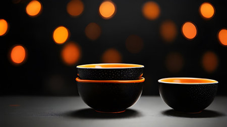 Elegant black and orange ceramic bowls arranged in a minimalist style, perfect for showcasing kitchenware and food presentation conceptsの素材