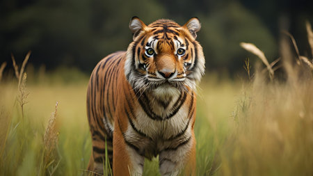 A majestic bengal tiger stands tall in a grassy field, its intense gaze captivating the viewer. A stunning wildlife portrait of this big cat.の素材