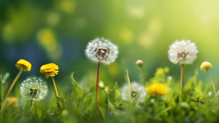 A serene field of dandelions in full bloom, bathed in soft sunlight, creating a peaceful and idyllic nature scene. Perfect for spring themes.の素材