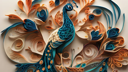 A stunning paper quilled peacock art piece, showcasing intricate details and elegant design. Perfect for decorative artwork and craft projects.の素材