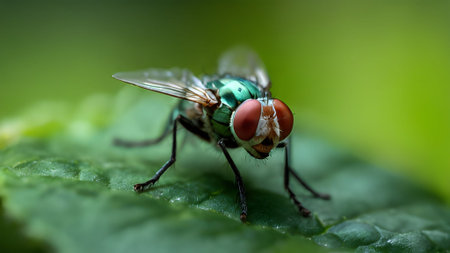 A detailed macro shot of a green bottle fly. Focus is on the insect's head and wings, capturing its intricate features against a green backdrop.の素材